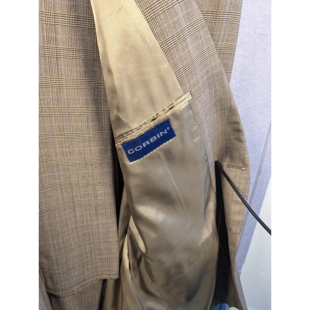 Corbin Suit Mens 48W 42L Tan Glen Plaid 100% Wool 2pc 90s Vintage NWT Defect